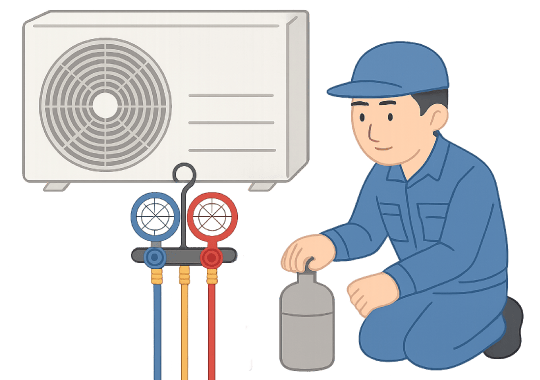 エアコンのガス補充をする作業員
